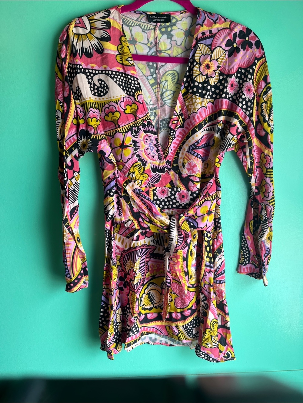 Zara Pink Paisley-Print Wrap Mini Dress with Yellow & Black Accents